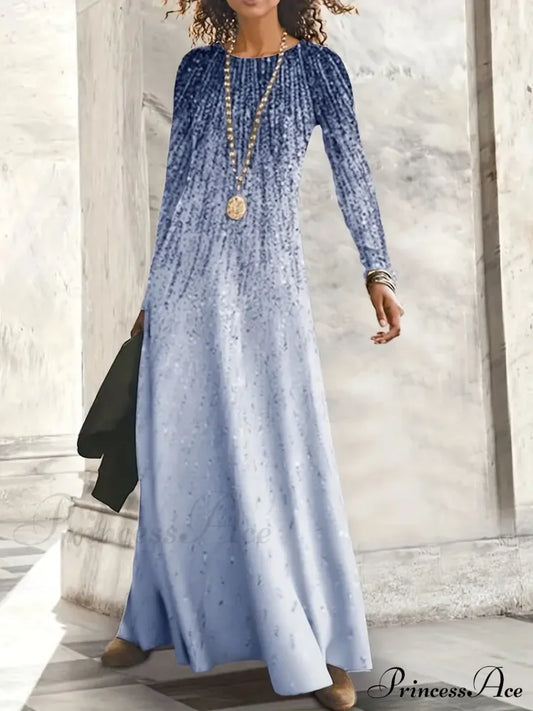 With Crew Full-Length Geometric And Design Gown Neck Long Sleeves S / Blue Blue Unique Maxi Dress