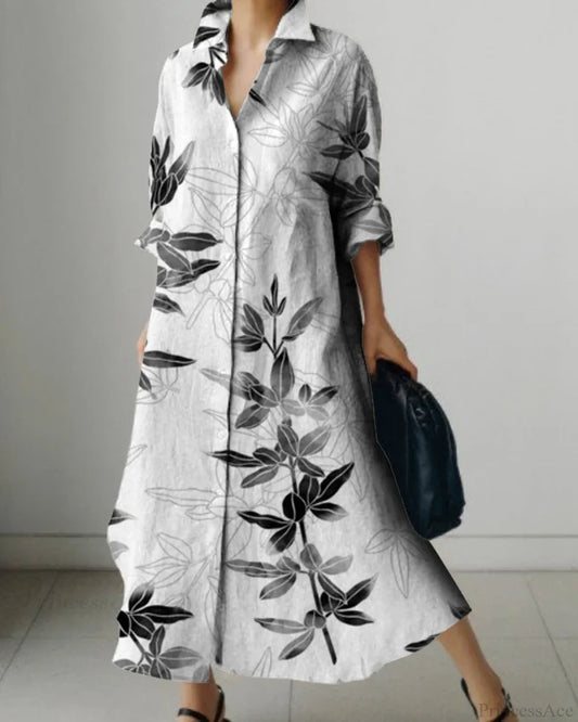 Women’s Lapel Long Sleeve Floral Print Shirt Dress color1 / S oldfloraldress-250126