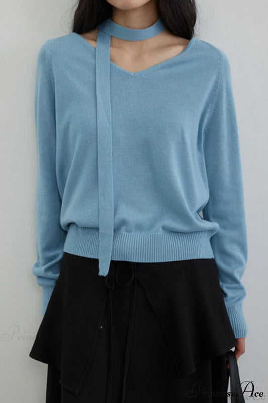 Wool V-Neck Oversized Long-Sleeve Knit Top Blue / One Size