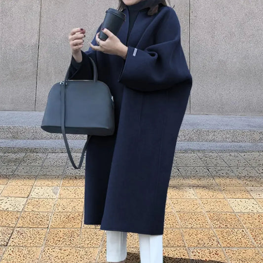 Woolen Cardigan Solid Color Long Overcoat Black