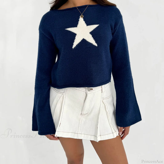 Y2K Star Print Lightweight Crewneck Cropped Knit Pullover Top Navy Blue / S knittop-250126
