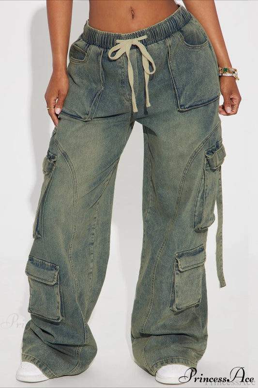 Y2K Street Hip-Hop Denim Cargo Pants Sea Blue / S
