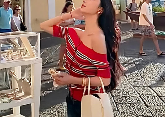 Y2K Striped Knitted Off Shoulder Button-front Sweater Knit Top Red / One Size knittop-250126