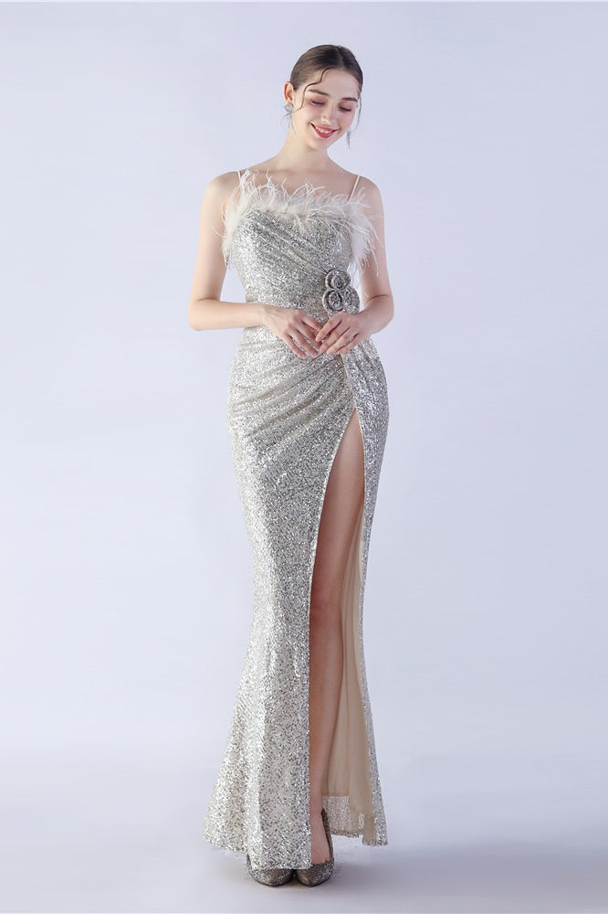 Ostrich Feather Embellished Maxi Dress Silver / S