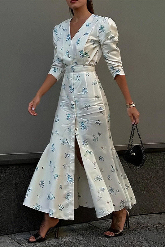 V Neck Ruched Waist Slim Fit Chic Floral Dress