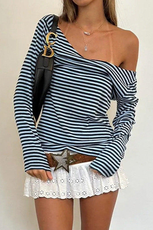 Color Block Striped V Neck Loose Knit Long Sleeve Blouse