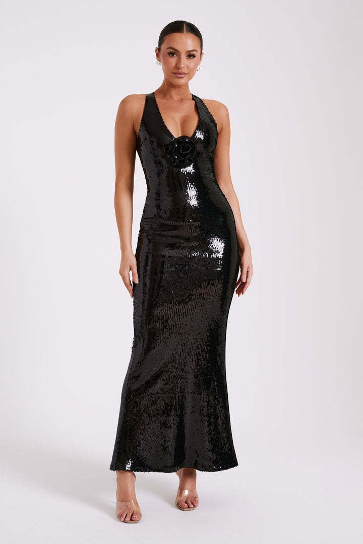 Backless Floral Sequin Maxi Dress S / Black