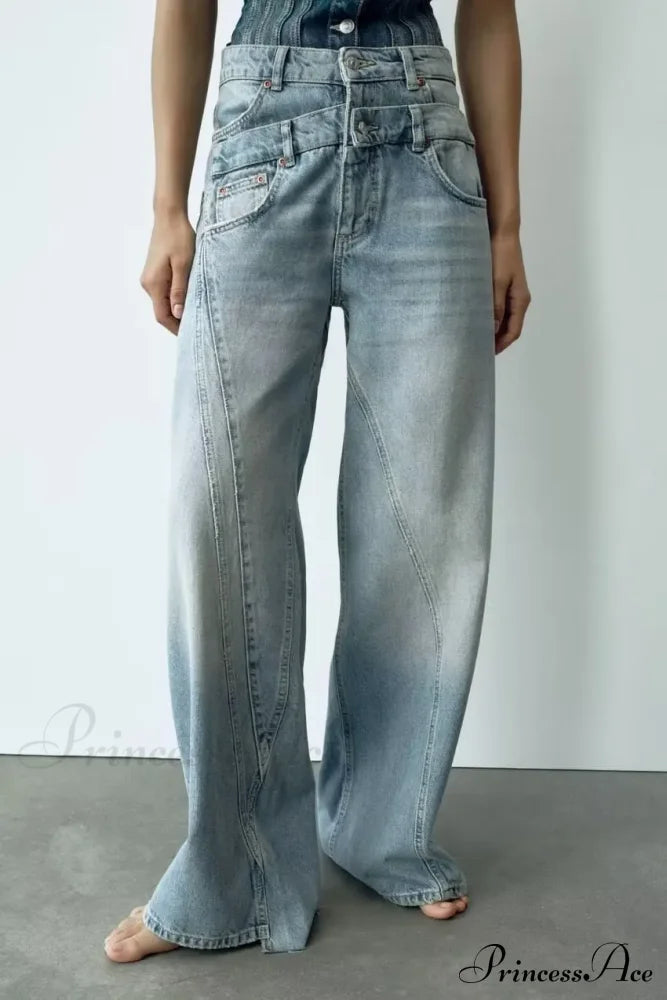 2024 Female Fashion Patchwork Denim Pant High Waist Vintage Women Casual Street Slim Wide Leg Long