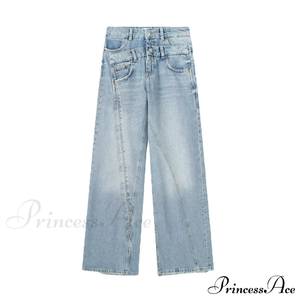 2024 Female Fashion Patchwork Denim Pant High Waist Vintage Women Casual Street Slim Wide Leg Long