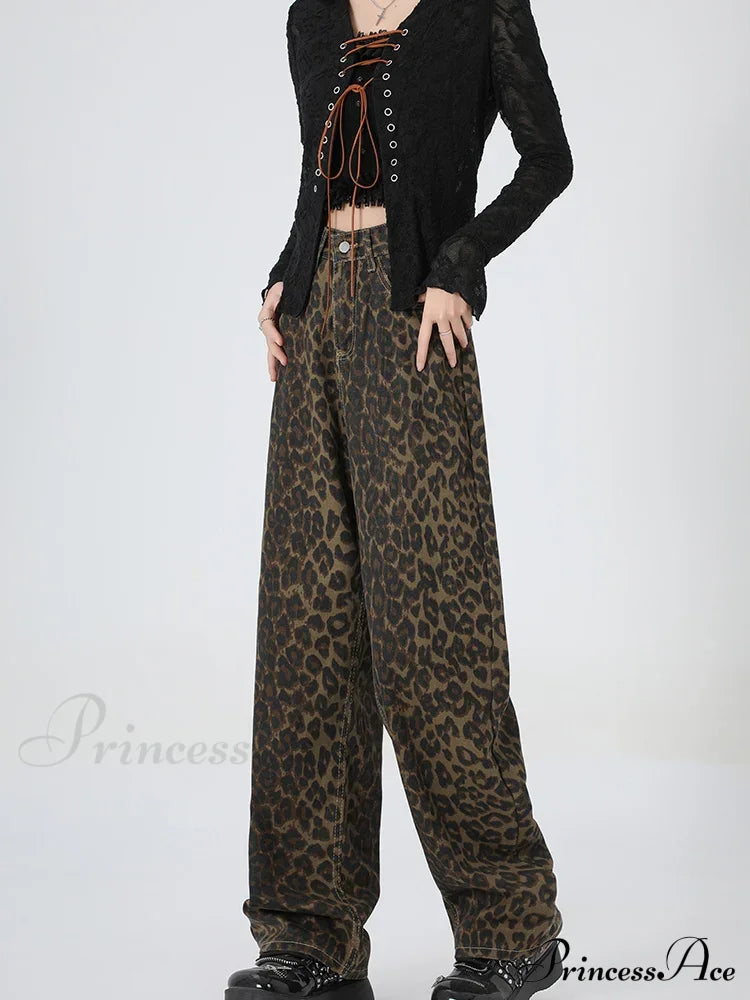 2024 New Leopard Print Wide Leg Women High Waisted Fashion Streetwear Retro Y2K Denim Baggy Casual