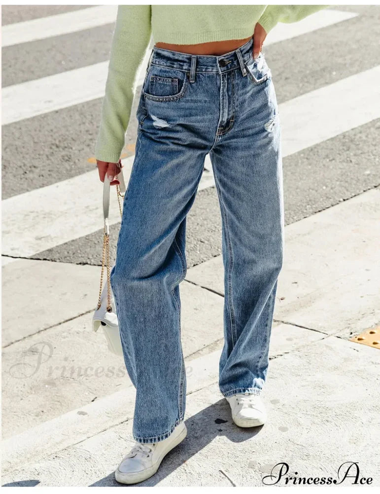 2024 Stretch Women’s Casual Ripped Wide Leg For Women Vintage High Waist Easymatch Straight Jean