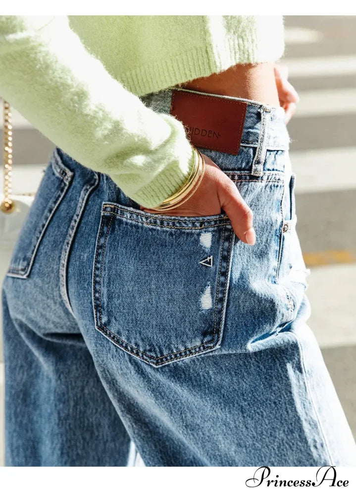 2024 Stretch Women’s Casual Ripped Wide Leg For Women Vintage High Waist Easymatch Straight Jean