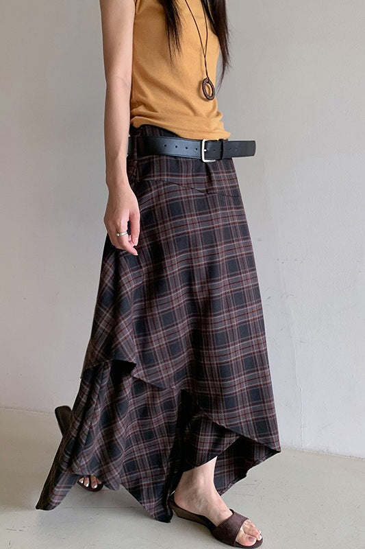 Asymmetric Plaid Midi Skirt