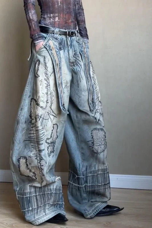 Needle Embroidered Wide Leg Jeans Blue / S