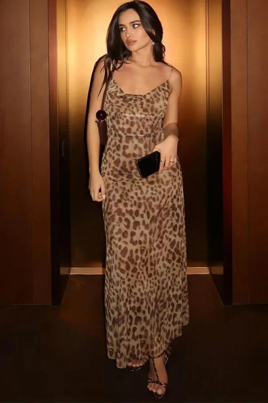 Silky Leopard Swing Ruffle Club Maxi Dress