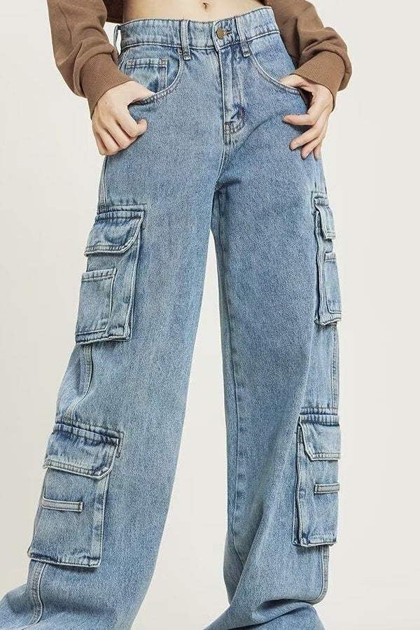 Vintage Washed Wide Leg Cargo Jeans Blue / S
