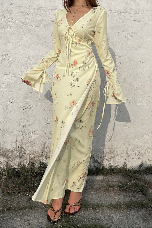 Sweet V Neck Flare Sleeve Wrap Tie Slim Maxi Floral Dress