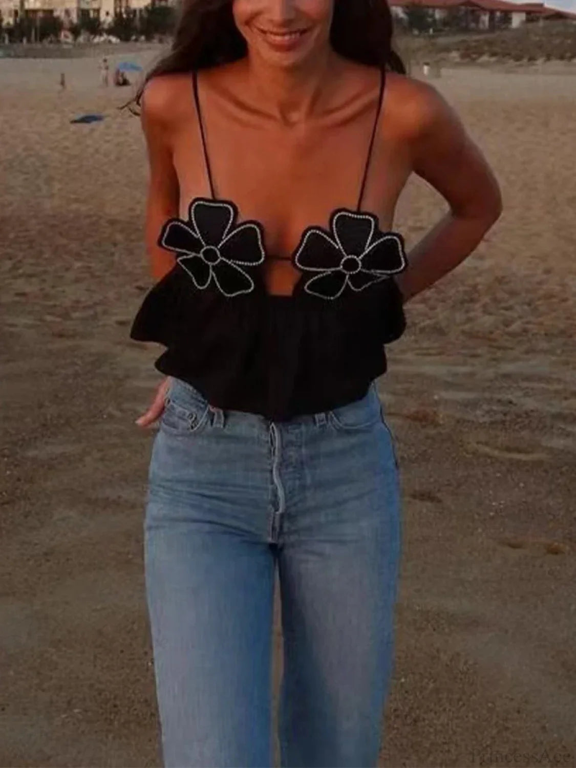 3D Flower Spaghetti Strap Backless Crop Top croptop-250126