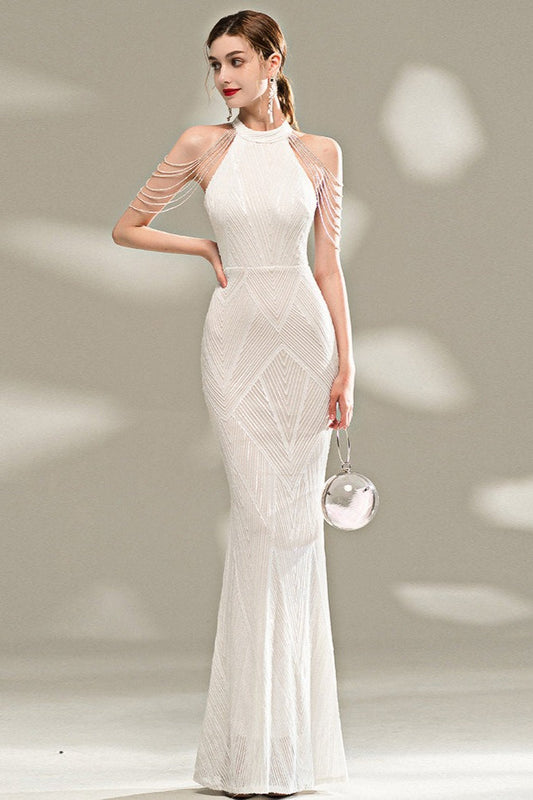 Elegant Slim Fit Long Gown Formal Dress S / White