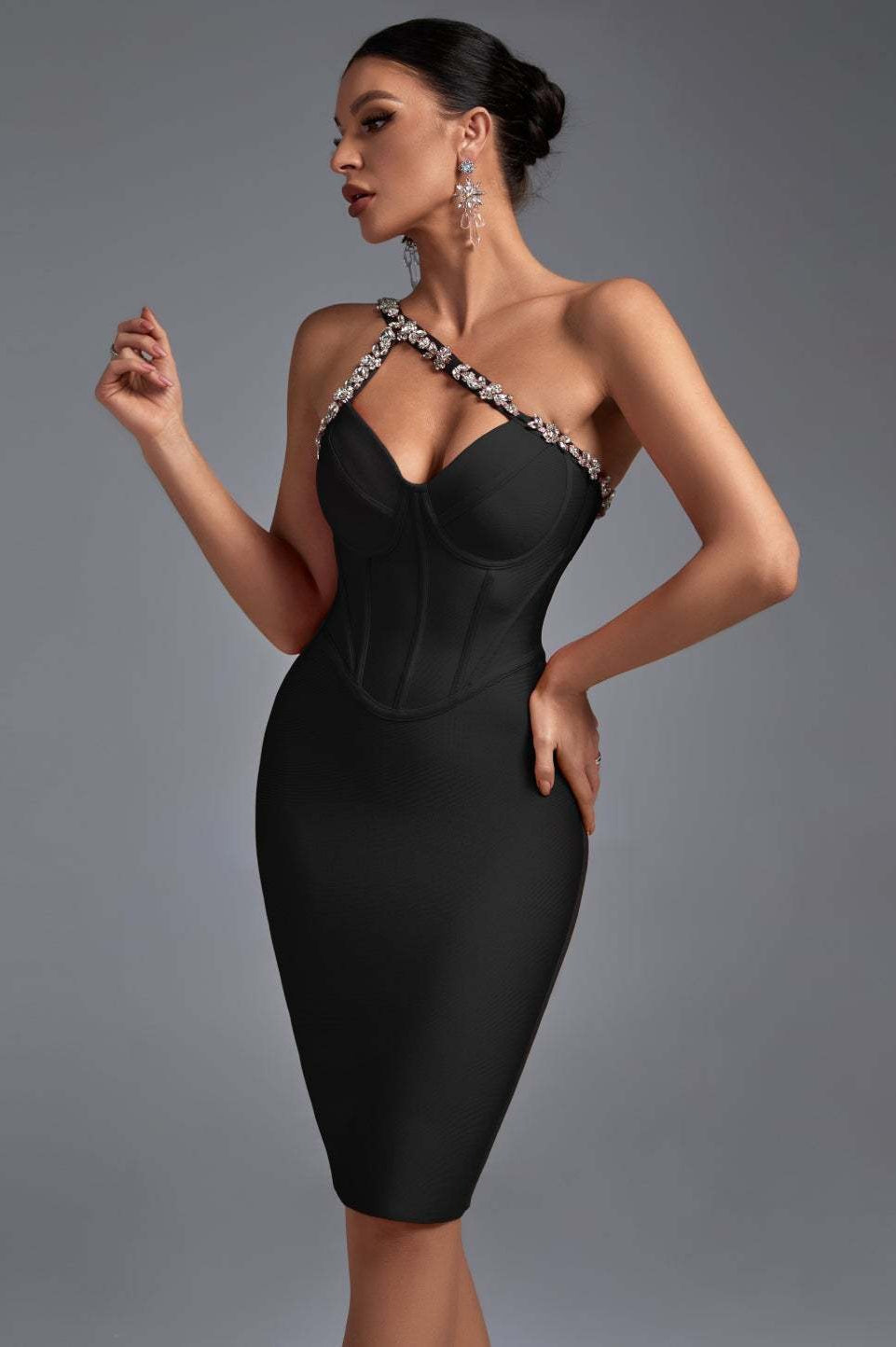 Crystal One-Shoulder Bandage Cocktail Dress S / Black