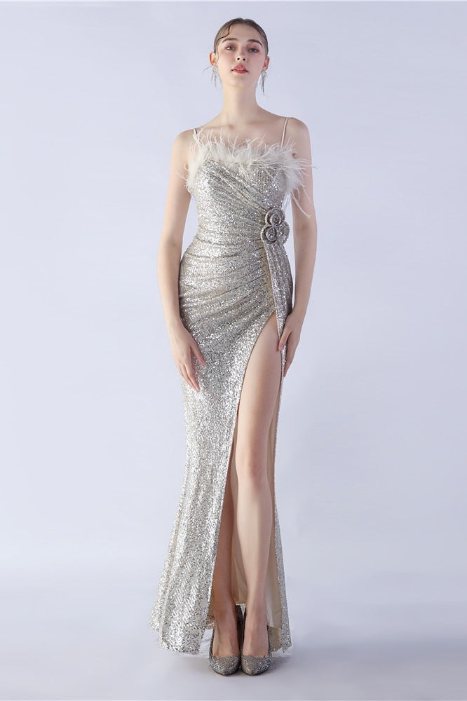 Ostrich Feather Embellished Maxi Dress