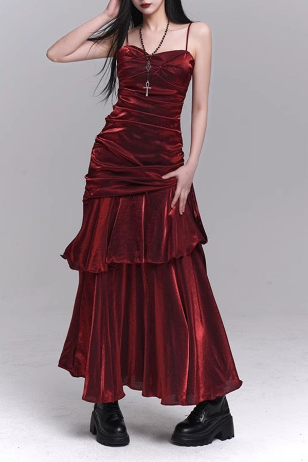 Asymmetrical Burgundy Ruffled Cami Party Dress S / Red