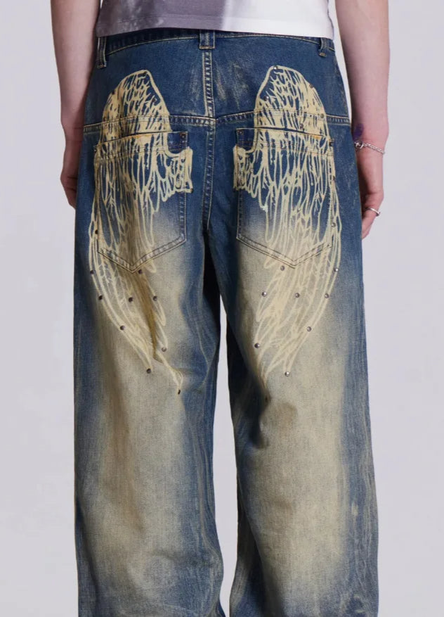 Gradient Wing Print Wide Leg Jeans Blue / S