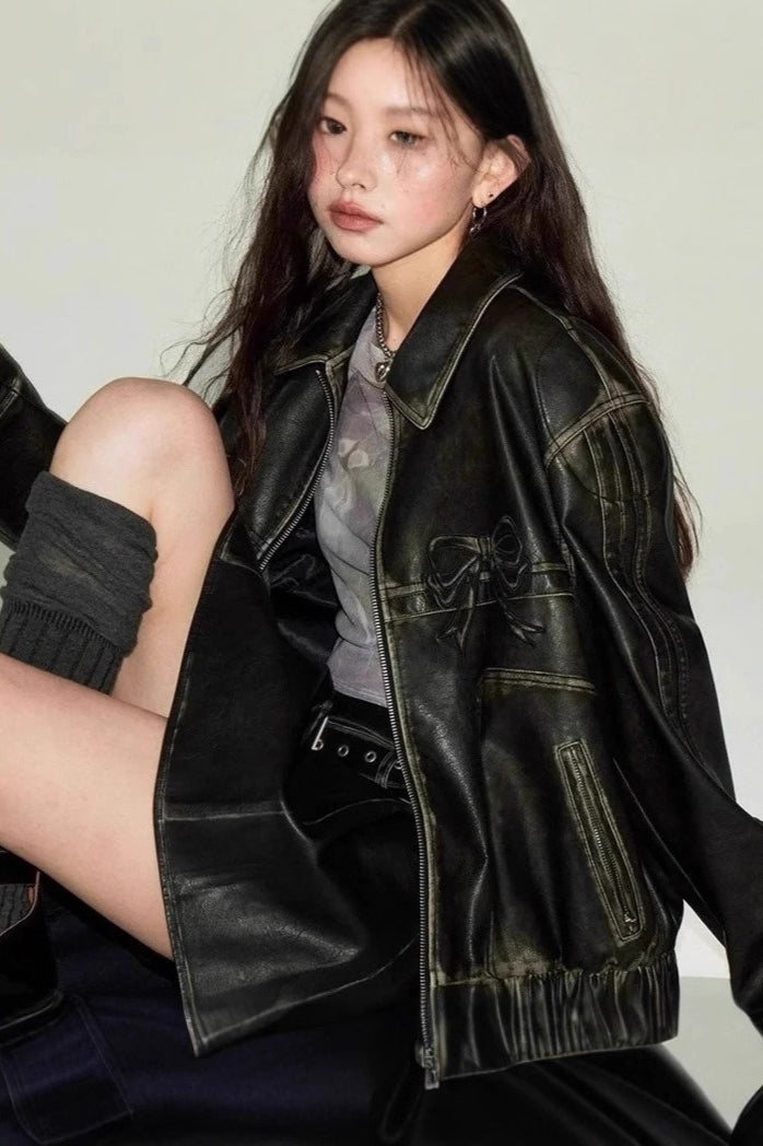 Bow Decor Faux Leather Moto Jacket Black / S