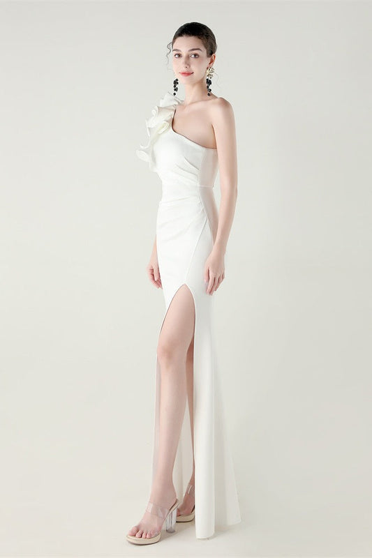 Ruffled Floral One Shoulder Satin Party Dress