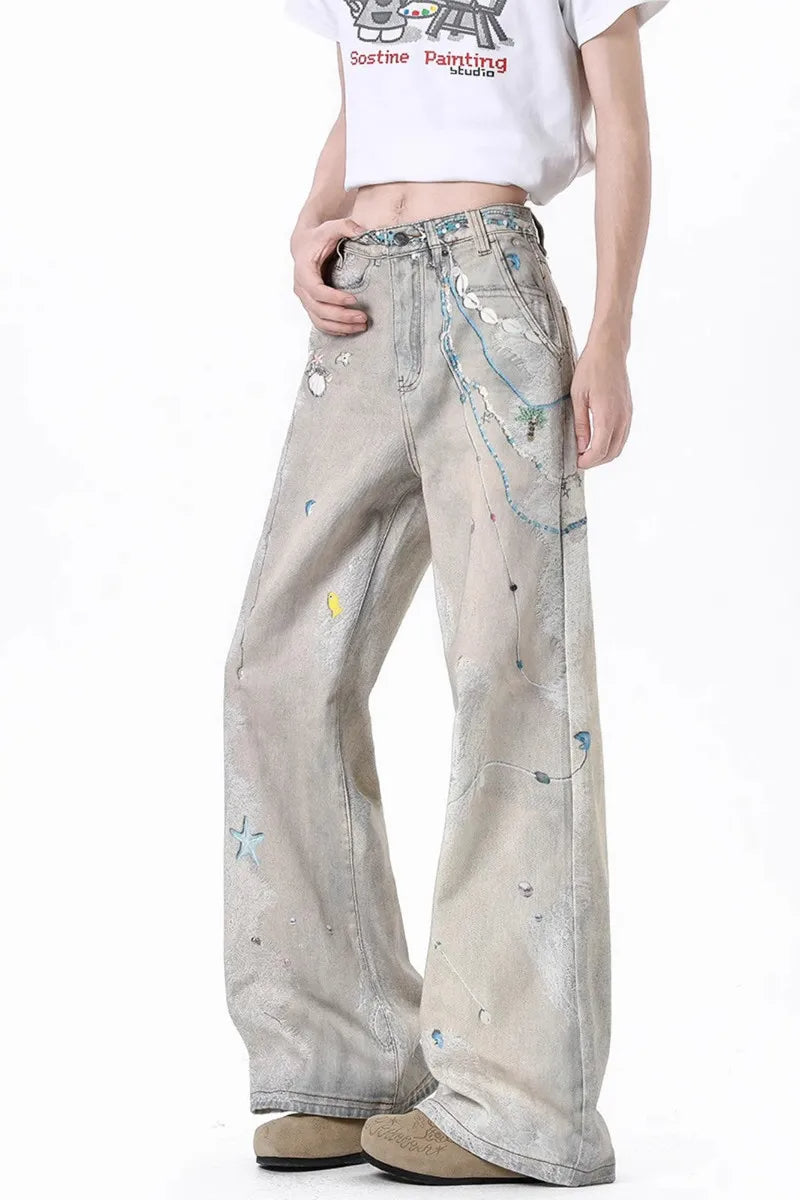 Tie Dye Wide Leg High Waist Jeans Ivory / S