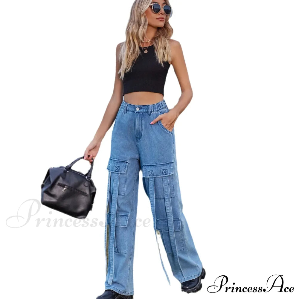 90S Streetwear Blue Cargo Casual Big Pockets Overalls High Waist Straight Denim Jean