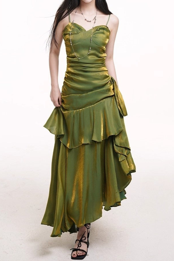 Asymmetrical Burgundy Ruffled Cami Party Dress