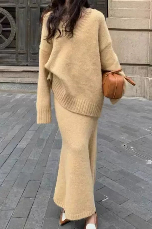 Lazy V-neck Knit Sweater Mermaid Skirt Two Piece Set