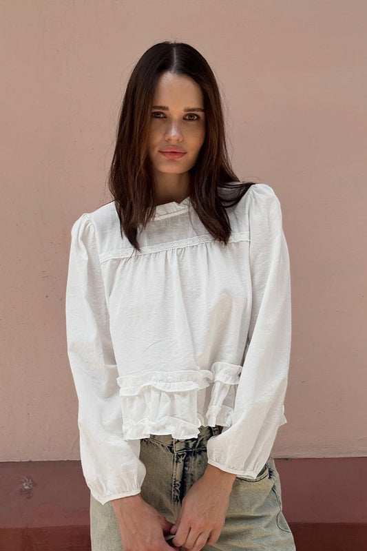Round Neck Ruffled Ruched Loose Blouse