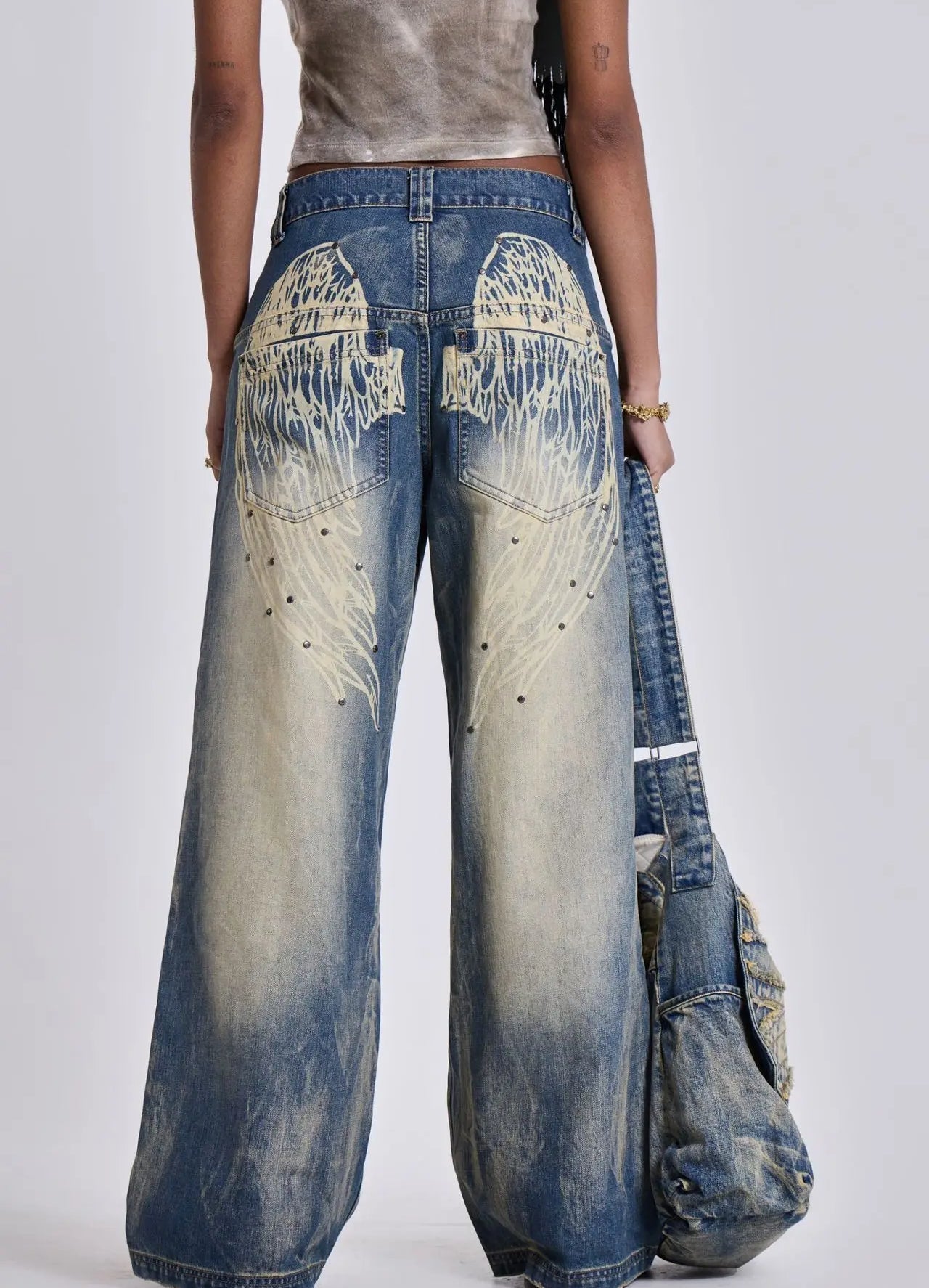 Gradient Wing Print Wide Leg Jeans