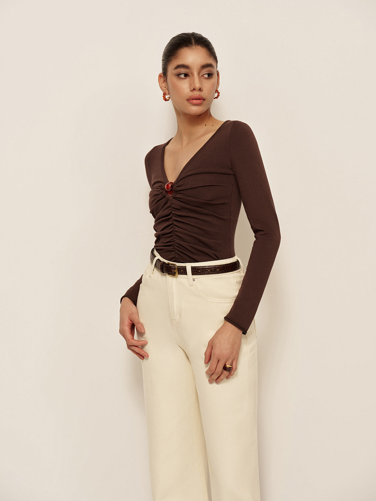 V Neck Cutout Pleated Slim Knit Top Knit Tops