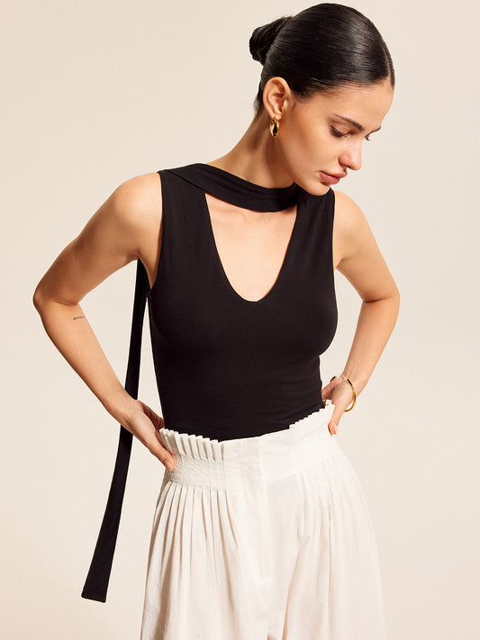 V Neck Top With Scarf Style Neck Tie Tank Tops & Camis