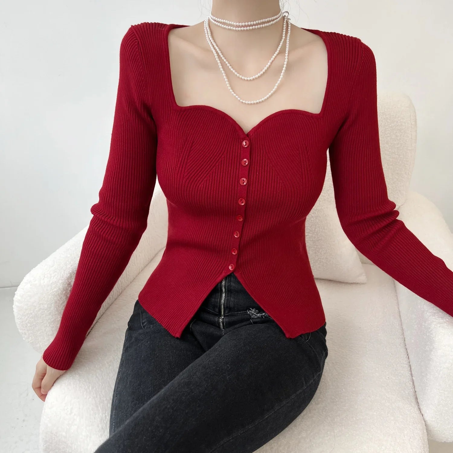 Vintage Long Sleeve Square Collar Slim Fashion Red Christmas Sweater / S Sweaters-L