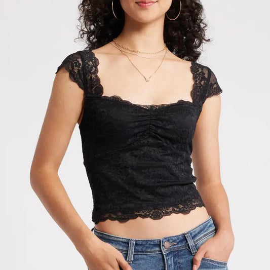 Lace Trim Short Sleeve Crop Top