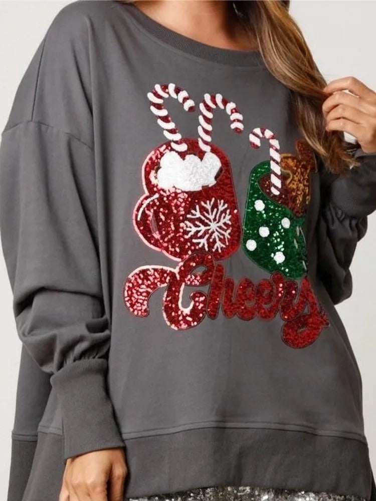 Charming Glitter Patchwork Vintage Harajuku Long Sleeve Christmas Hoodie Hoodies-L