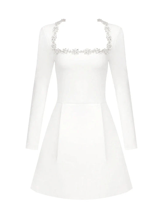 Sexy Long Sleeves Square Collar Crystal A-Line Slim Dress Elegant Christmas Party White / Xs
