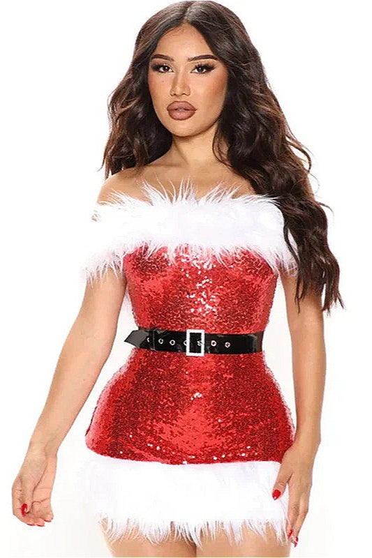 Fuzzy Off-the-Shoulder Sexy Sequined Waist Cinched Party Dress