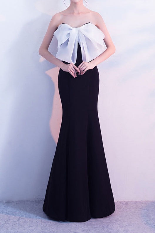 Bow Strapless Mermaid Maxi Party Dress Black and White / S