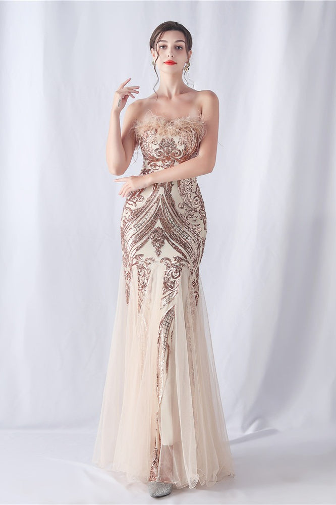 Ostrich Feather Sequin Evening Party Dress