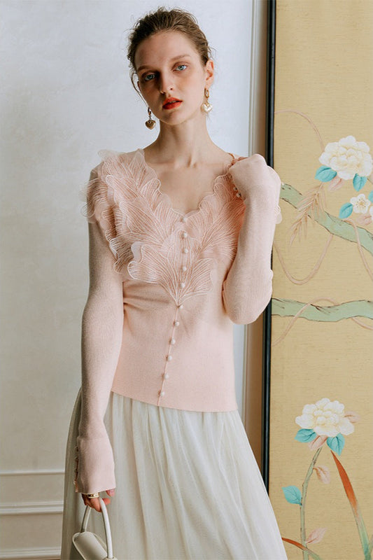 Feather Lace Detail Knit Top