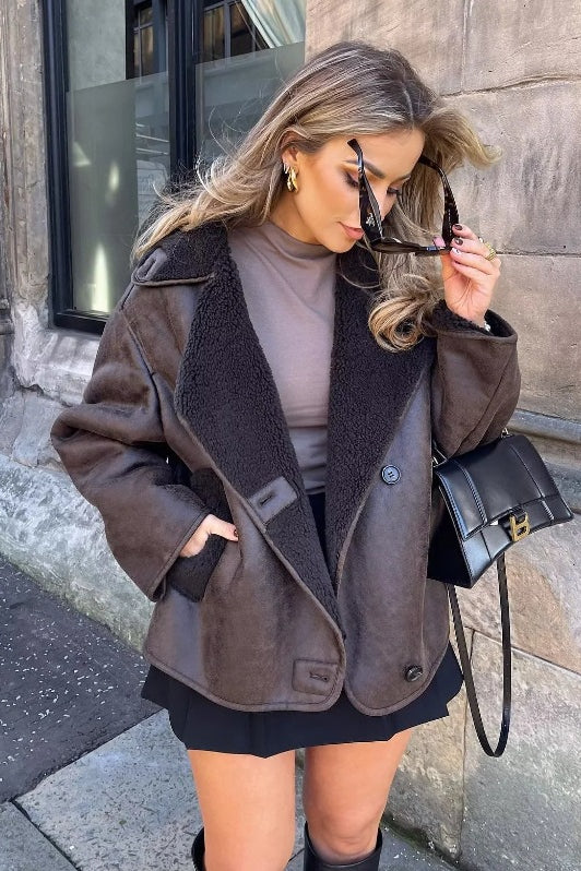 Faux Shearling Collared Casual Coat