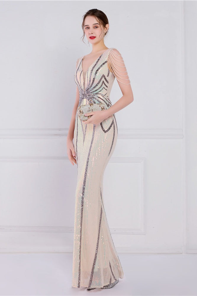 Beaded Floral Sequin Mermaid Party Dress Ivory / S