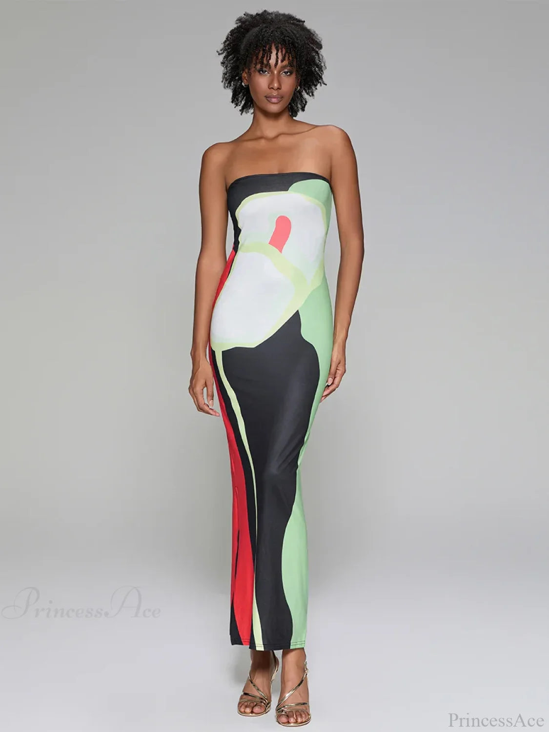 Abstract Print Strapless Side Split Floral Dress floraldress-250126