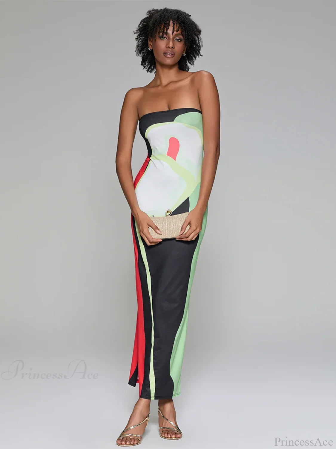 Abstract Print Strapless Side Split Floral Dress floraldress-250126