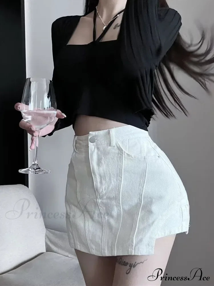 American Retro Spicy Girl Super Short Anti Glare Solid Color Pleated Low Waisted A-Line Jean White